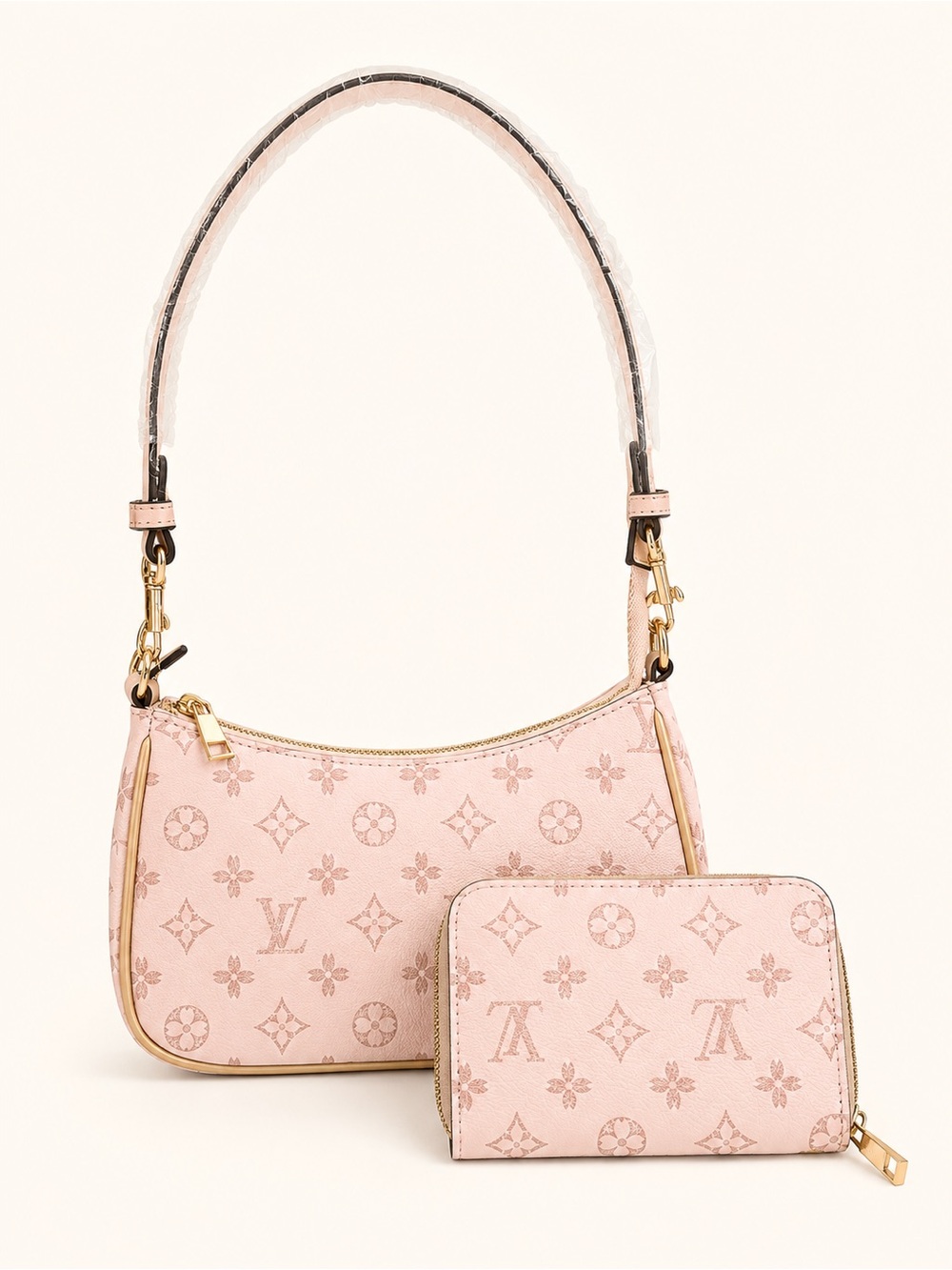 Pink Monogram Shoulder Bag with Matching Zip Wallet